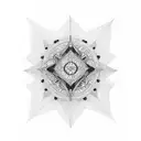 "Design a striking tattoo that features a symmetrical reflection image. The focal point of the tattoo should be a Libra  tattoo design idea