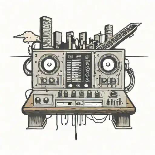 A tattoo of a mixing board morphing into a city skyline, symbolizing the fusion of music and urban life tattoo design idea