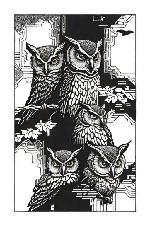 Blade Runner Owl with faces of Rick, Rachael and Roy, with the Tyrell building and a bird.  tattoo design idea