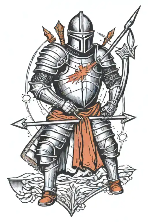 knight in plate armor with an arrow piercing eyes tattoo design idea