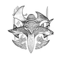 marquesan shoulder tattoo with a Tiki, a manta Ray and a shark  tattoo design idea