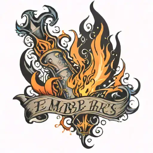 flame with sparks and the word Embers on the left Collide on the right  tattoo design idea