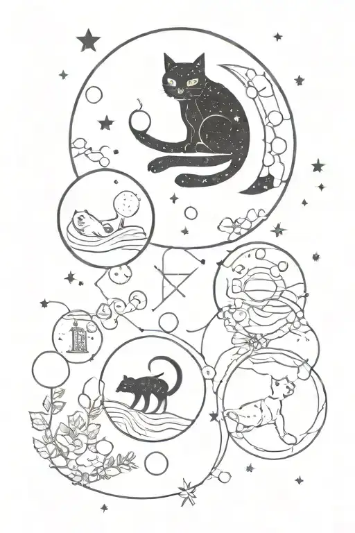 Celestial and Magical Theme Design Elements: Moon, black cat, blowing soap bubbles, tarot card, sushi. tattoo design idea