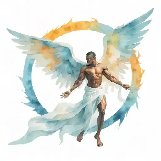 an african muscular male angel with wide wings, hovering  infront of the sun, in a power and threatening stance tattoo design idea