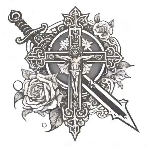 crucifix and sword intertwined tattoo design idea