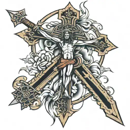 crucifix and sword intertwined tattoo design idea