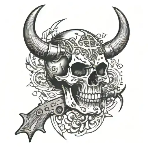 ak 47 dollars skull with horns tattoo design idea