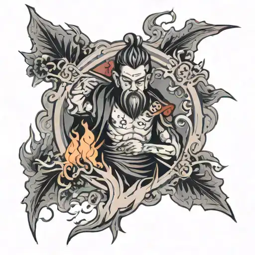 the catholic holy spirt in front with flames at the background in black&grey   tattoo design idea