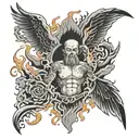 the catholic holy spirt in front with flames at the background in black&grey   tattoo design idea