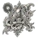 the catholic holy spirt in front with flames at the background in black&grey   tattoo design idea