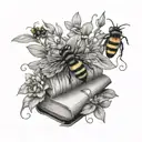 floral, vine wrapping. small bees and a book element  tattoo design idea