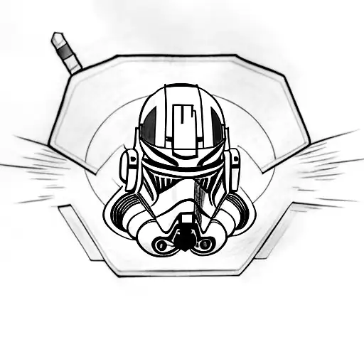 A minimalist tattoo of a clone trooper helmet from Star Wars: The Clone Wars, with a javelin incorporated into the design. tattoo design idea