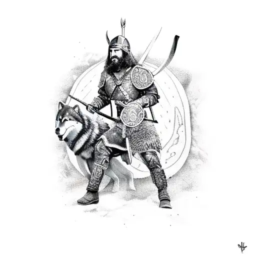 A fierce Viking warrior with a wolf companion, depicted in a detailed dotwork style tattoo design idea
