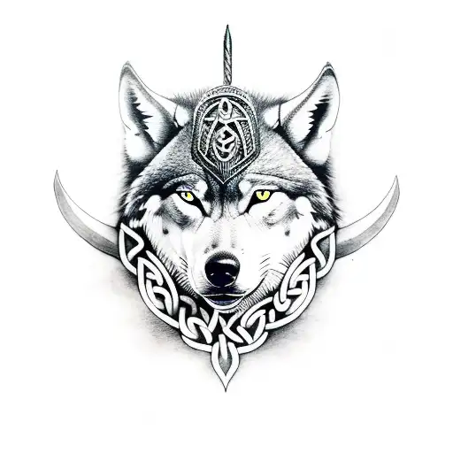 A fierce Viking warrior with a wolf companion, depicted in a detailed dotwork style tattoo design idea