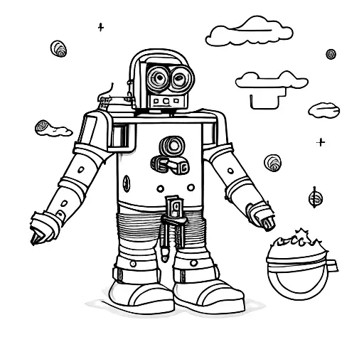 Fine line tattoo of Marvin, the paranoid Android, Witherspoon distorted proportion to make his body looks like a semicol tattoo design idea