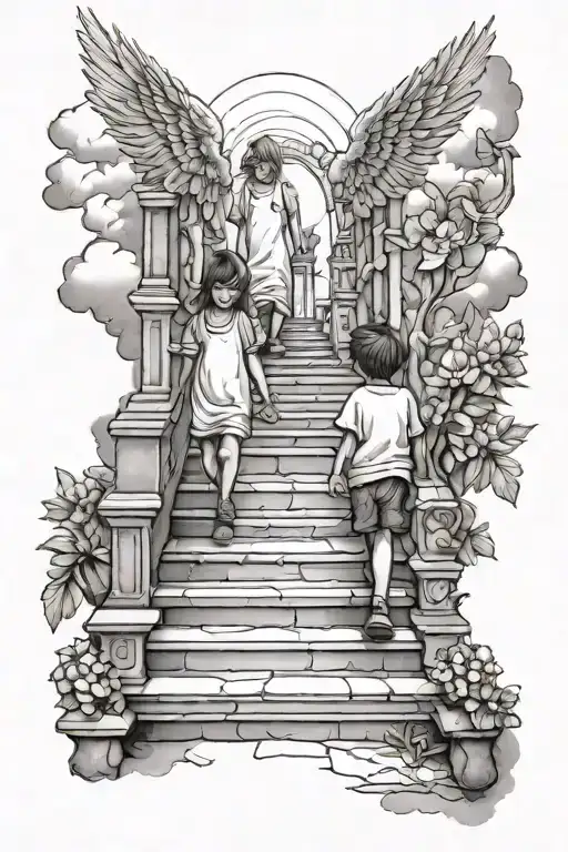 girl and boy walking to heaven on stairs tattoo tattoo design idea