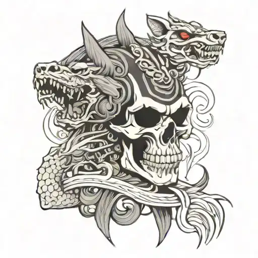 Skull warrior samurai wolf tample and dragon tattoo design idea