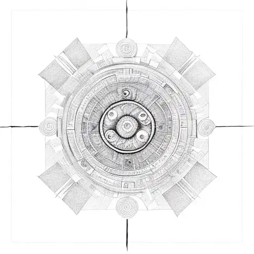 A sun-shaped labyrinth with symbols of love, life, and care intertwined tattoo design idea