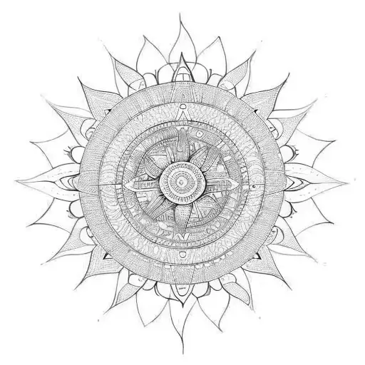 An abstract geometric design combining the sun, mandala, and protection symbols tattoo design idea