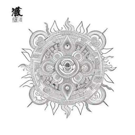 A sun-shaped labyrinth with symbols of love, life, and care intertwined tattoo design idea