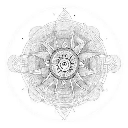 A sun-shaped labyrinth with symbols of love, life, and care intertwined tattoo design idea