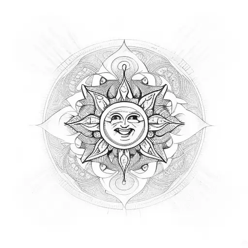 A protective sun symbol surrounded by a geometric mandala tattoo design idea
