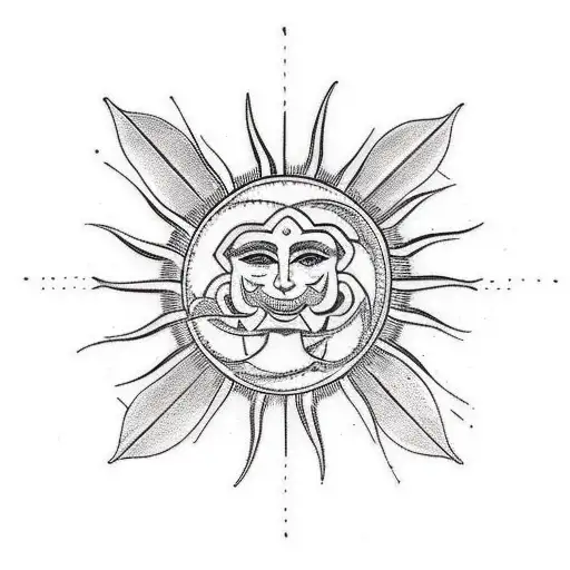 A sun-shaped labyrinth with symbols of love, life, and care intertwined tattoo design idea