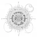 A sun-shaped labyrinth with symbols of love, life, and care intertwined tattoo design idea