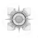 A sun-shaped labyrinth with symbols of love, life, and care intertwined tattoo design idea