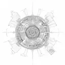 A sun-shaped labyrinth with symbols of love, life, and care intertwined tattoo design idea