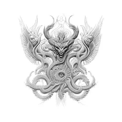 Create an intricate, almost kaleidoscopic effect of a Greek mythological creature, such as the Hydra or Chimera, with smaller details and symbols representing different aspects of its story, using blackwork style. tattoo design idea