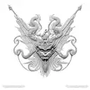 Create an intricate, almost kaleidoscopic effect of a Greek mythological creature, such as the Hydra or Chimera, with smaller details and symbols representing different aspects of its story, using blackwork style. tattoo design idea