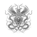 Create an intricate, almost kaleidoscopic effect of a Greek mythological creature, such as the Hydra or Chimera, with smaller details and symbols representing different aspects of its story, using blackwork style. tattoo design idea