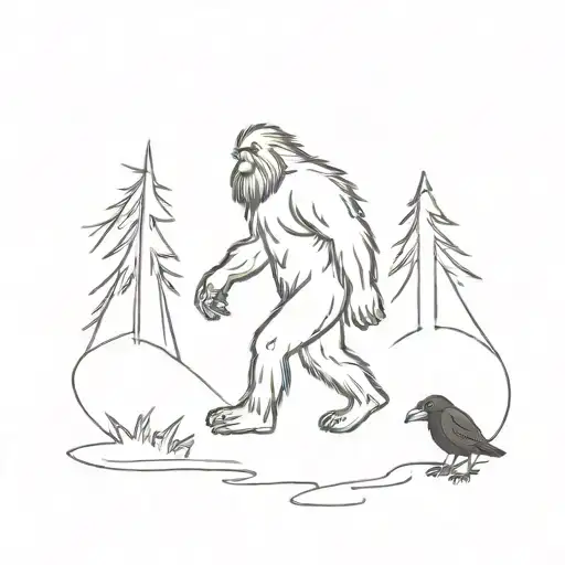 A minimalist design featuring Bigfoot and a crow in a mysterious forest setting tattoo design idea
