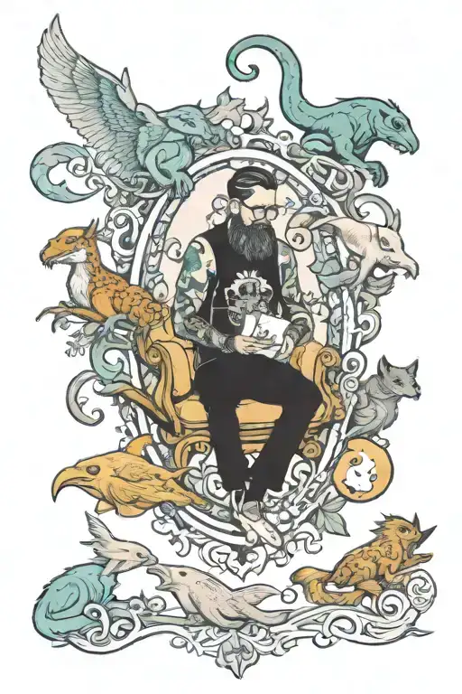 A therapist guiding a group of fantasy creatures through a dream world tattoo design idea