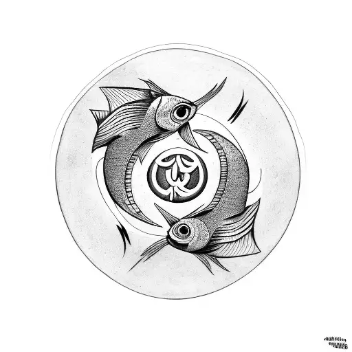 two fishes swiming across each other representing the yin yang symbol, having an all seeing eye in the middle between  tattoo design idea
