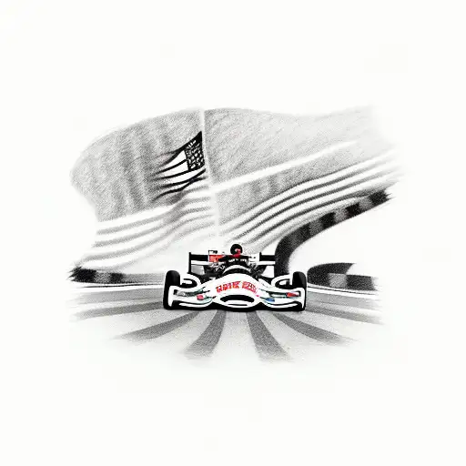 Design a tattoo featuring oval racing cars speeding around a track with a checkered flag waving in the background tattoo design idea