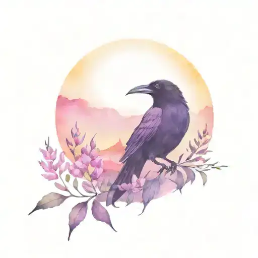 raven and fireweed under northern lights tattoo design idea