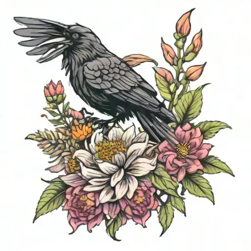 fireweed, dahlia and raven tattoo design idea