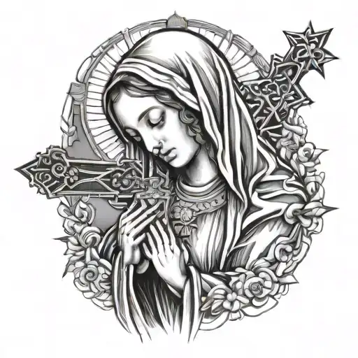 virgin mary crying and the 3 crosses  tattoo design idea