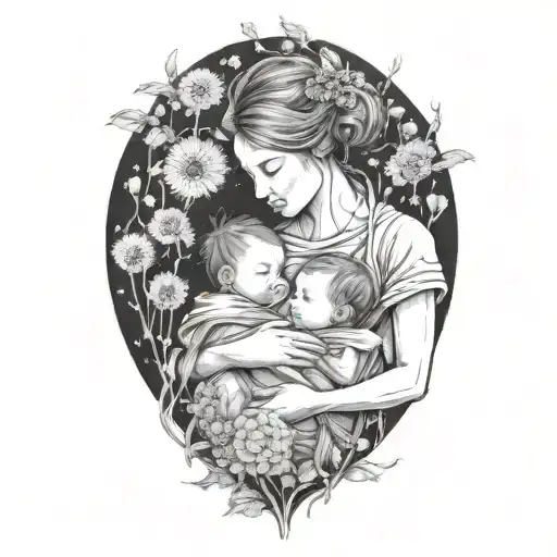 A mother cradling two babies, surrounded by dandelion flowers tattoo design idea