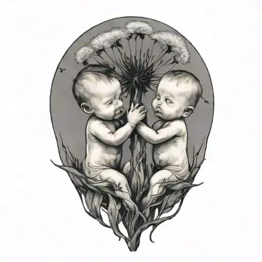 two babies holding unto the root of a big dandelion flower  tattoo design idea