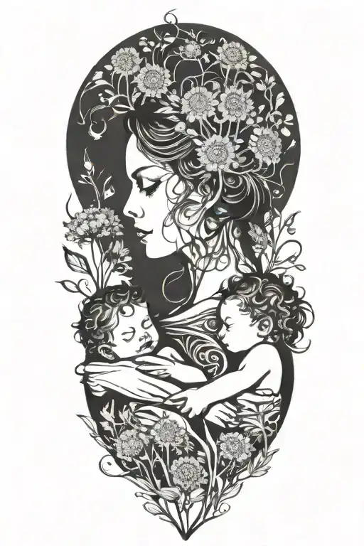 silhouette of a woman holding two babies, incorporating elements of dandelions transforming  tattoo design idea