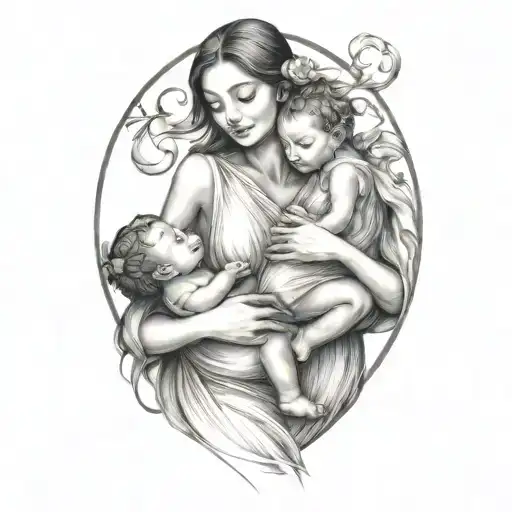  mother carrying two babies in her arms  tattoo design idea