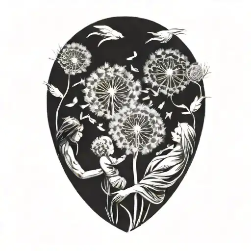 Dandelion seeds transforming into two babies being carried by a mother tattoo design idea