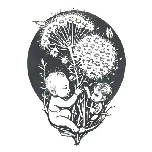 two babies holding unto the root of a big dandelion flower  tattoo design idea