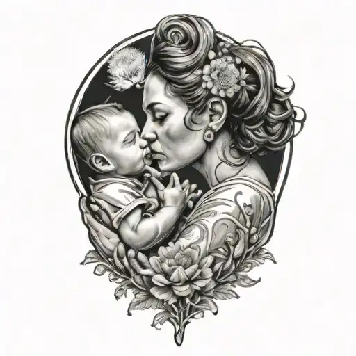 Black and grey portrait of a mother with two babies blowing dandelion seeds tattoo design idea