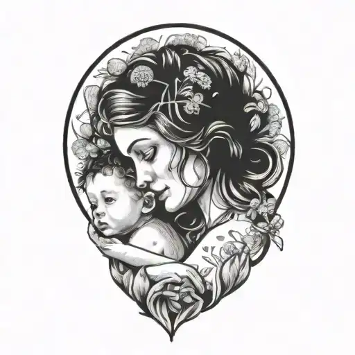A portrait of a mother and her two babies, with dandelion flowers intertwined in their hair tattoo design idea