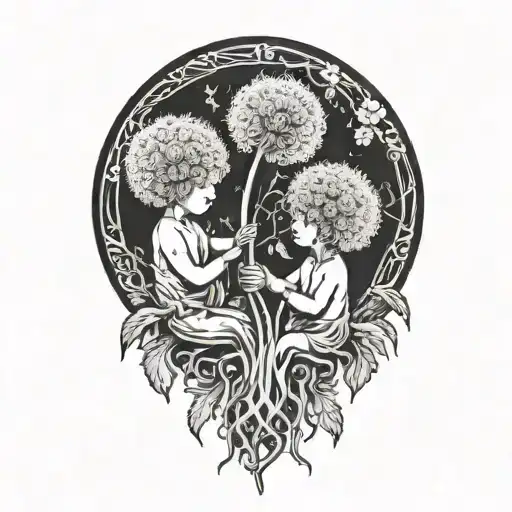two babies holding unto the root of a big dandelion flower  tattoo design idea