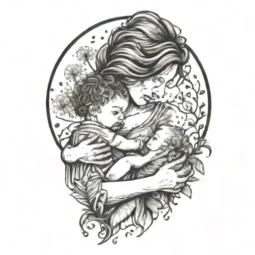 A mother holding her two babies in her arms, surrounded by dandelion flowers tattoo design idea